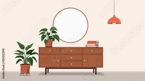 Modern living room interior featuring a mid-century wooden sideboard, a large round mirror, potted houseplants, and a stack of books.