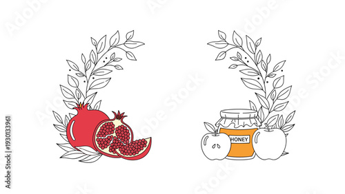 Pomegranate and honey jar illustrations are surrounded by delicate leafy branches for a Jewish New Year greeting card design.