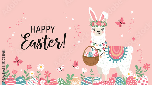 Adorable llama character wearing a flower crown holds a basket of colorful eggs in a festive Happy Easter spring field landscape.