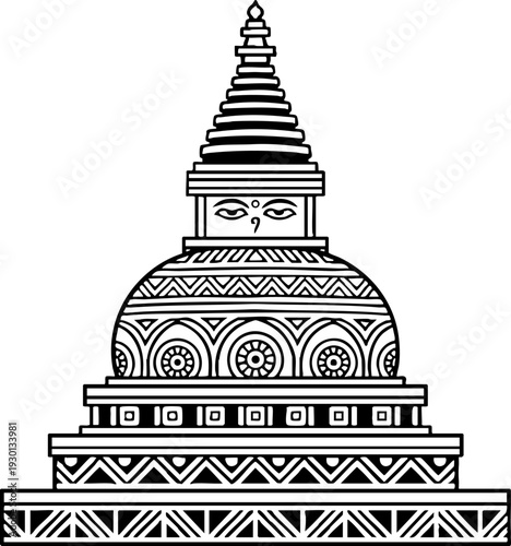 Buddhist Stupa Architectural Illustration Black and White Graphic