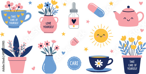 Self care wellness vector set with flowers, tea cups, sun, vitamins and take care of yourself elements