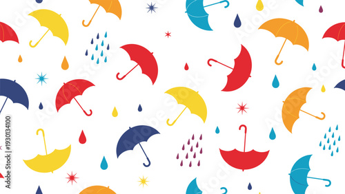 Playful seamless pattern features bright red, yellow, orange, and blue umbrellas and falling raindrops against a clean white background.