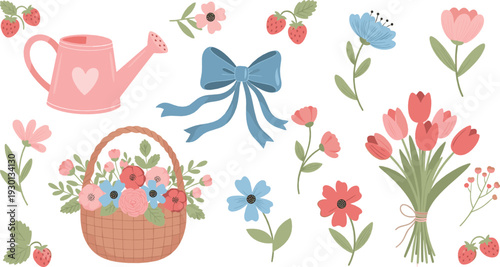 Spring flowers and gardening elements vector set with watering can, bouquet, strawberries and decorative floral illustration