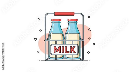 Two glass bottles filled with fresh farm milk are held in a metal delivery crate with a prominent red Milk label on the front panel.