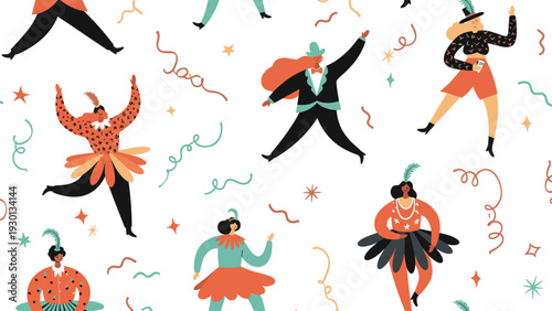 Vibrant seamless pattern shows people in diverse theatrical costumes dancing and celebrating amidst colorful confetti and swirling streamers.