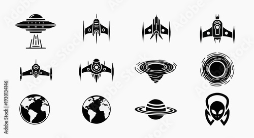 Sci-Fi Space Icons Set: UFOs, Spaceships, Planets, and Alien Head Vector Silhouettes