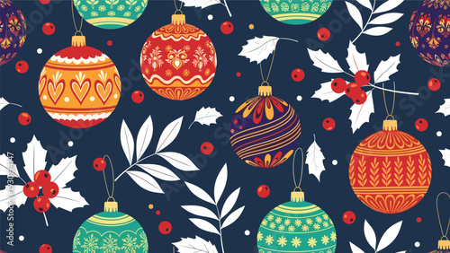 Elegant seamless pattern showcases a variety of decorated Christmas baubles and holly berries among white leaves on a dark blue background.