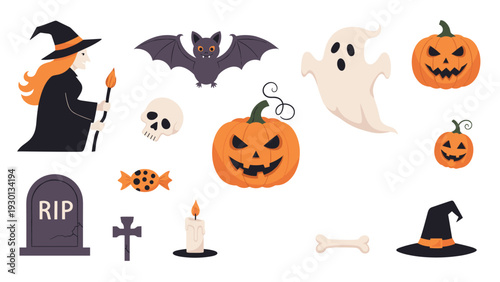Set of classic Halloween icons includes a witch, bat, ghost, carved pumpkins, skull, tombstone, candy, and a lit candle for festive use.