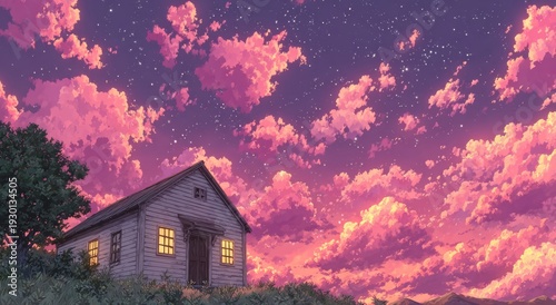 Dreamy sunrise over a misty valley featuring a church silhouette