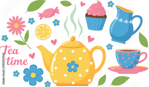 Tea time illustration set with teapot, cups, cupcake and floral elements
