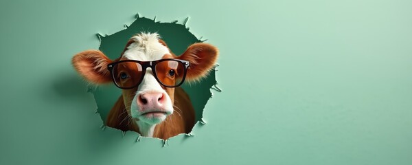 Cute cow wearing glasses peeks through a torn green paper hole. This whimsical animal photo uses pastel colors and has a funny playful mood. Fun concept for ads.