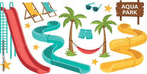 Water park slides set with tropical palms and aqua park elements illustration