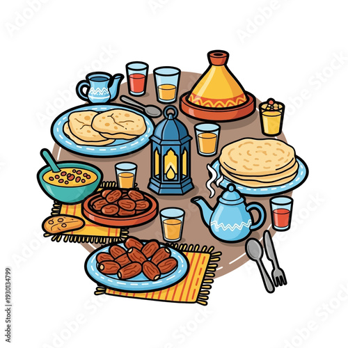 A vibrant illustration of a traditional Moroccan Iftar or Eid feast, featuring dates, flatbreads, soup, a tagine, teapots, and a decorative lantern.