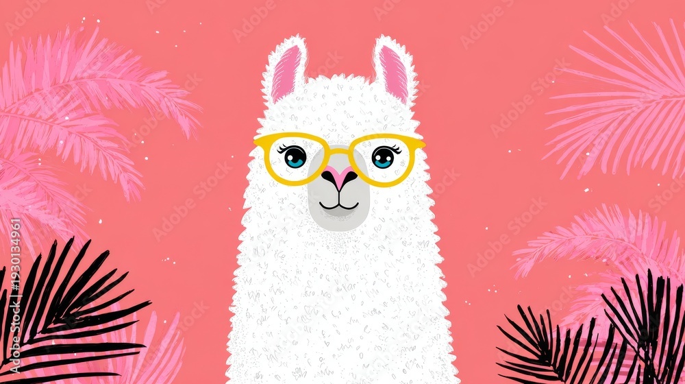 Obraz premium Llama with glasses set against a bright orange background surrounded by green leaves
