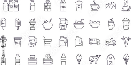Milk and Dairy Line Icons Set with Bottles Yogurt Ice Cream and Cheese, Minimal Food Vector Collection