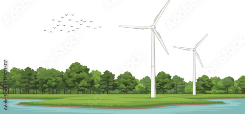 Scenic view of wind turbines on grassy field near water, renewable energy technology in nature with forest and birds illustration artwork