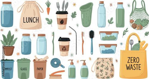Zero waste lifestyle set with reusable bags, glass jars, bottles and eco friendly household items