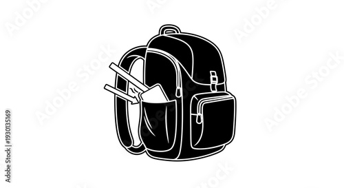 Backpack with items, illustration, travel, school, adventure, outdoor, hiking, camping, gear, equipment, supplies