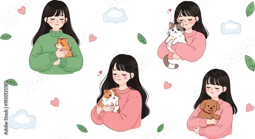 Young woman hugging cute pets vector illustration set with cat and dog, love for animals and cozy lifestyle concept