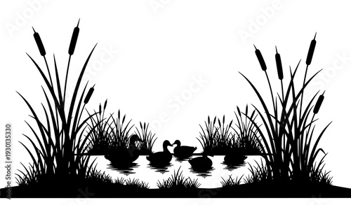 Black Silhouette Ducks with Cattails – Pond and Wetlands Vector Collection