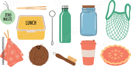 Zero waste lifestyle vector set with reusable lunch box, water bottle, mesh bag and eco friendly products