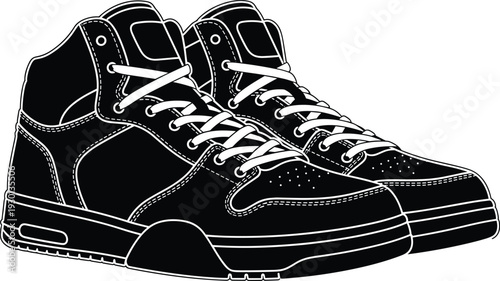 High-top basketball sneakers pair in detailed line art style, classic streetwear shoes with laces and air cushion sole black vector illustration