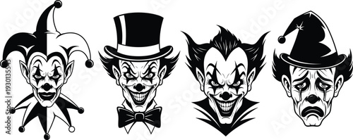 Black vector icon set of spooky clown and jester faces for concepts of horror Halloween carnival circus theater and branding
