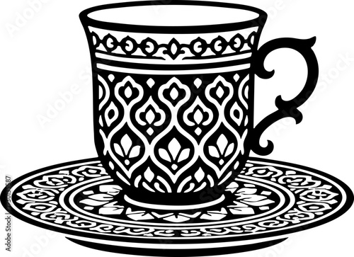 Ornate Black and White Coffee Cup and Saucer Isolated