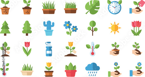 Plant Care and Gardening Flat Icons Set with Potted Plants Weather and Growth Elements Vector Illustration