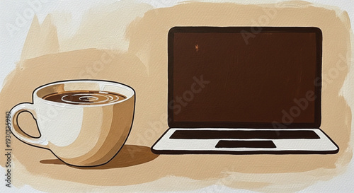 Warm coffee in a mug next to a sleek laptop, depicted with a brown wash background.