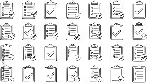 Complete Clipboard Icons: Vector Checklist Elements with Checkmarks and Report Forms