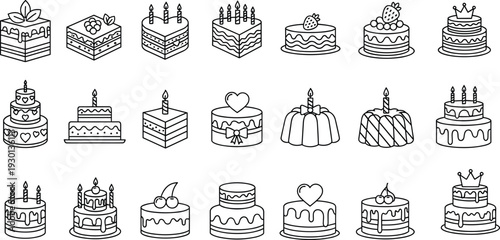 Set of birthday cake icons with tiered designs, fruit toppings, candles, hearts, and crown decorations for celebration greeting card designs, cad drawing flat vector illustration.