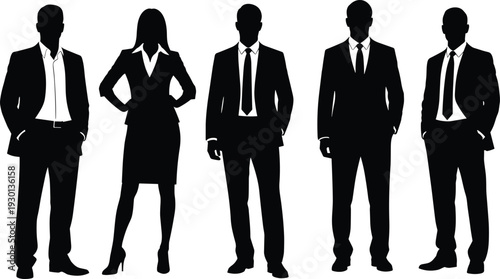 Professional business team silhouettes in suits and blazers with confident hands-on-hips poses, black vector illustration set for corporate and office design