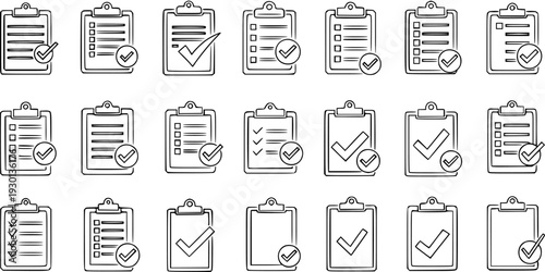 Hand-Drawn Doodle Clipboard Checklist Icons Set with Check Marks. Vector Outline Sketch Collection for Task Completion, Success, Approval, and To-Do List Concepts.
