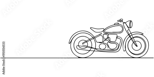 Motorcycle Silhouette: A sleek, one-line drawing captures the essence of a classic motorcycle, emphasizing its iconic form and streamlined design. 