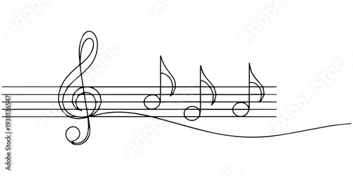 Melodic Symphony: A simple line art illustration of musical notes and a treble clef dancing across the staff, symbolizing rhythm and harmony.