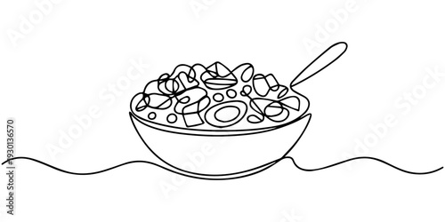 continuous one line drawing Vector illustration of a bowl of cereal with spoon
