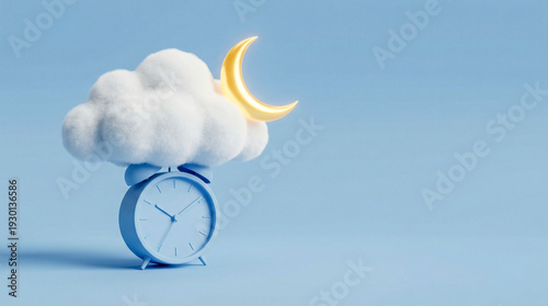 A serene conceptual 3D illustration for World Sleep Day featuring a soft fluffy cloud resting on a modern alarm clock with a golden crescent moon in a peaceful blue room.
