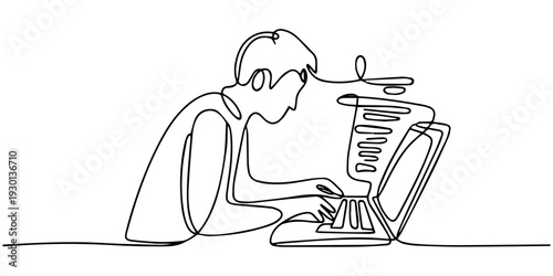 Creative Process: A single, continuous line art depicts an individual absorbed in their creative pursuits. Focusing on artistic innovation and technical work.