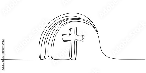 Symbol of Hope: A single continuous line art piece features a cross under an arch, symbolizing faith, hope, and spirituality.