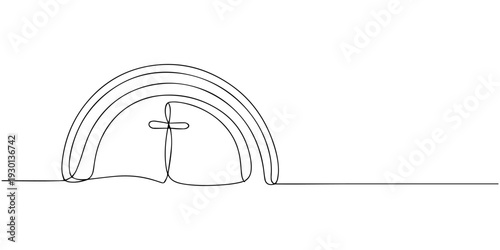 Religious Line Art: A continuous line art depiction of a cross and a semi-circle, creating a minimalist yet profound symbol of faith. 