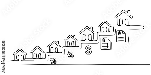 Real Estate Growth: Conceptual illustration showcasing a series of houses ascending in a line, representing the growth in the property business.