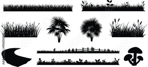 Garden landscape silhouette set, grass field and palm tree collection, botanical nature vector outlines, park icons for outdoor meadow graphic design projects