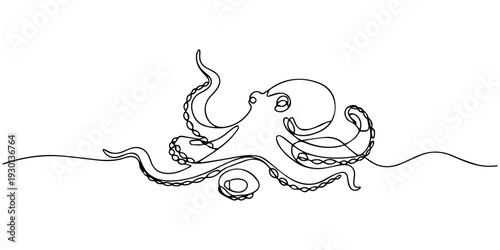 Elegant Line Art of an Octopus: A captivating minimalist illustration showcases the intricate beauty of an octopus, its fluid form and graceful tentacles dancing in a single, unbroken line.