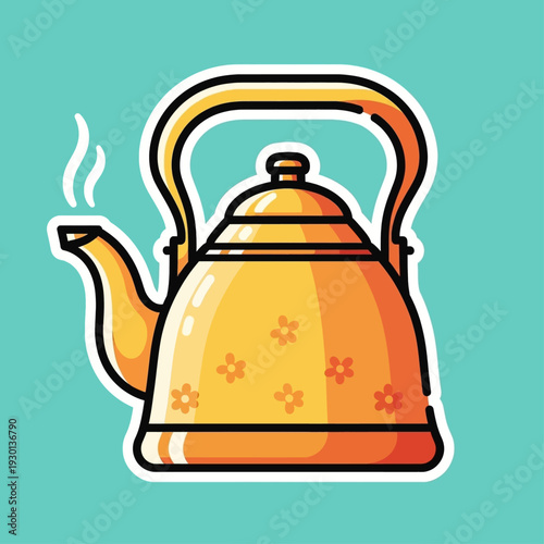 A vibrant illustration of a golden tea kettle with steam rising from its spout, set against a teal background.