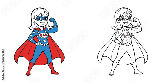 Confident USA Superhero Girl Posing - Empowerment and Patriotism for Kids