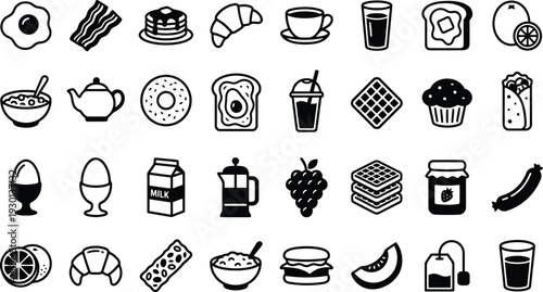 Collection of diverse breakfast food and drink icons isolated on transparent background