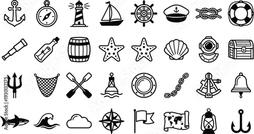 Collection of diverse nautical and maritimethemed vector icons in a clean outline style