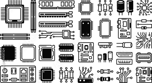 Collection of electronic components and computer hardware icons illustrating technology concepts