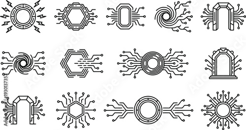 Collection of futuristic digital circuit board icons and technological portal designs